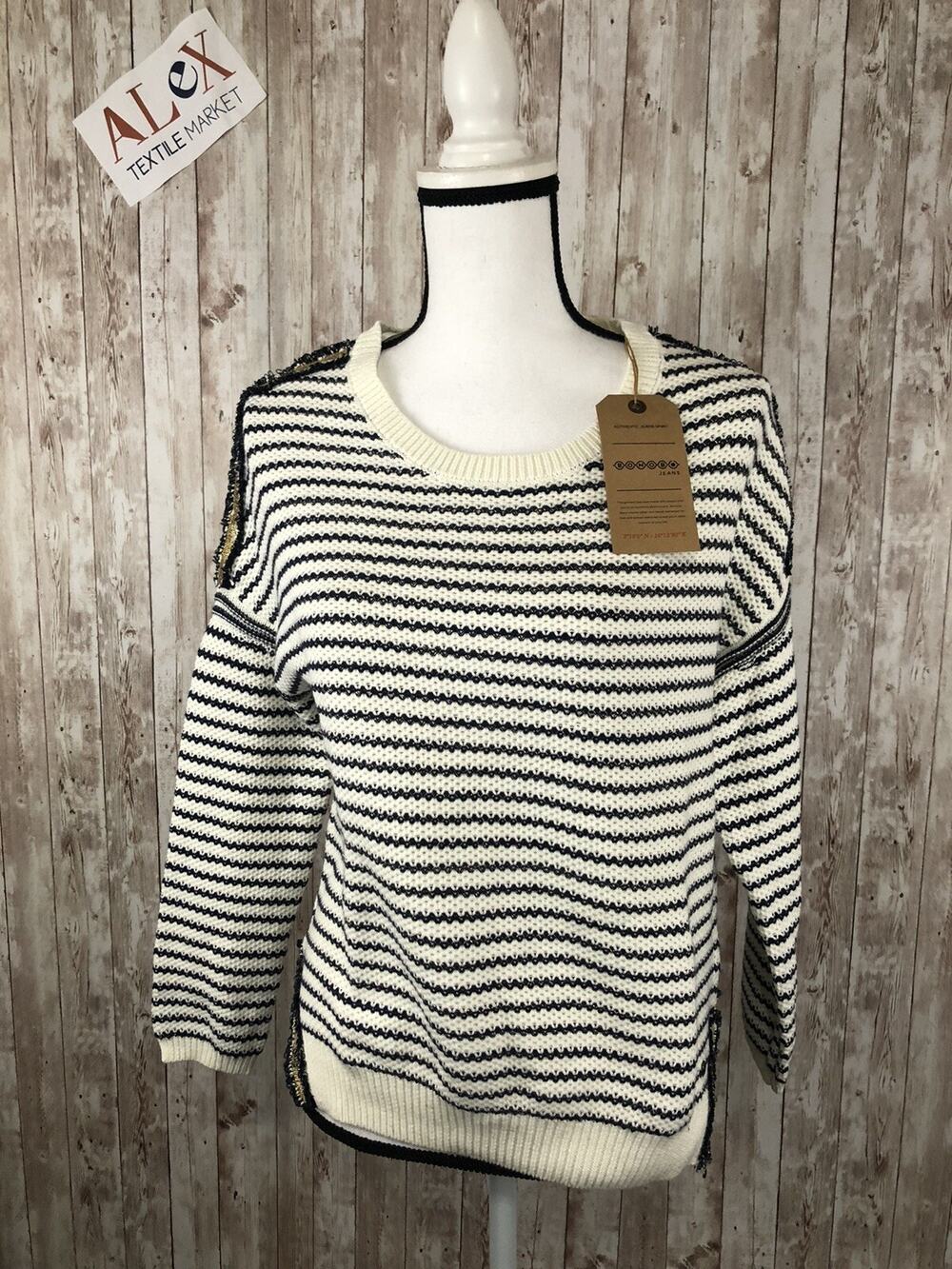 Bonobo Sweater Womens Small Striped Beaded Pullover White Black Shirt N121